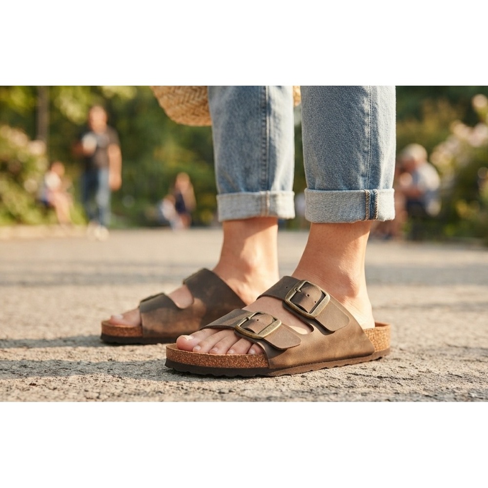 Sonoma Goods For Life Artwork Brown Leather Double Buckle Slide Sandals Size 6